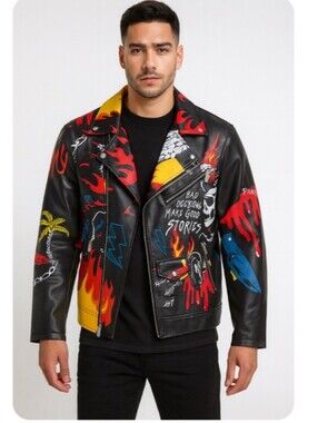 Reason Black Leather Bomber Jacket with Red & Yellow Flame Graphics